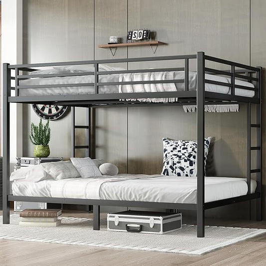 Bellemave Queen Over Queen Bunk Bed for Adults, Queen Size Bunk Beds Frame with 2 Side Ladder and Full Length Guardrail, Easy Assemble Bunkbeds, Noise Reduced, Mattress Not Included, Black