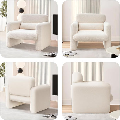 Modern Accent Single Sofa Chair with Arms, Lamb Fabric Upholstered Comfy Reading Arm Chair for Bedroom, Living Room-Beige