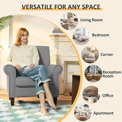 PrimeZone Comfy Accent Chair, Mid-Century Modern Fabric Living Room Chair Reading Chair with Soft Cushion, Nailhead Trim & Rolled Armrest, Arm Chair Sofa Chairs for Bedroom Waiting Room Office, Grey