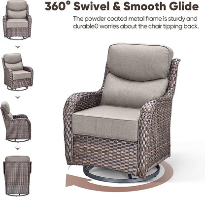 Swivel Patio Chairs sofa Set of 6 with 6" Thick Cushion - Wicker Outdoor Swivel Rocker Patio Chair ,Sofa/Glass coffee table, High Back Comfortable Outdoor Glider Chairs - Brown Wicker | Gery Cushions