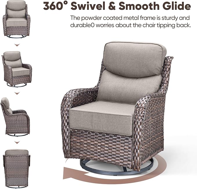 Swivel Patio Chairs Set of 2 with 6" Thick Cushion - Wicker Outdoor Swivel Rocker Patio Chairs, High Back Comfortable Outdoor Glider Chairs 360° Rotation Glider Brown Wicker-Grey Cushion