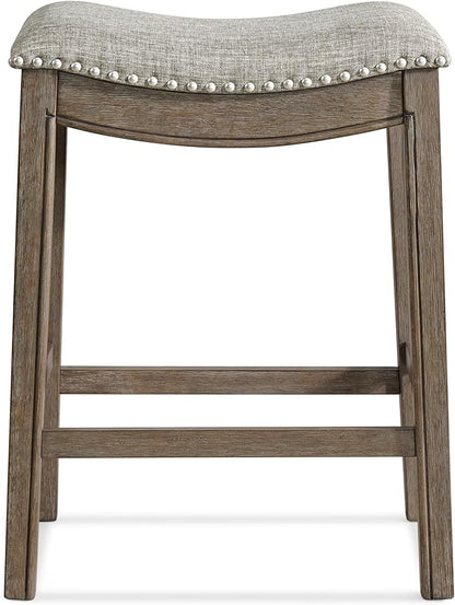 ROME + OAK Set of 4 Parker 26 Inch Counter Stool, Backless Saddle Kitchen Barstool in Walnut Finish with Grey Fabric Upholstery Cushion Seat