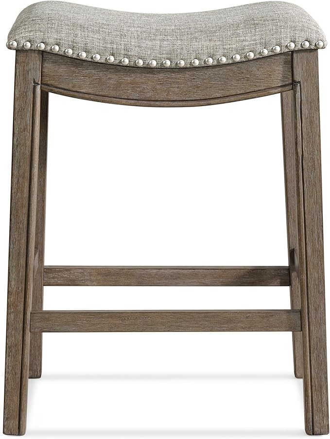 ROME + OAK Parker 26 Inch Counter Stool, Backless Saddle Kitchen Barstool in Walnut Finish with Grey Fabric Upholstery Cushion Seat