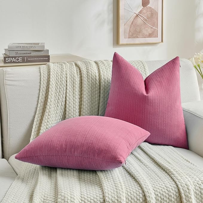 FUTEI Hot Pink Decorative Throw Pillow Covers 12x20 Inch Set of 2,Soft Cozy Wheat Ear Striped Patterns Lumbar Pillow Cases,Modern Home Decor for Couch Bed Living Room