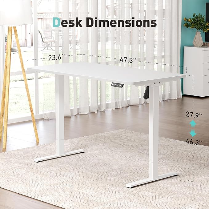 One-Piece Electric Standing Desk, 48 x 24 Inch Adjustable Height Sit to Stand Up Desk for Home Office, Work & Study, White Frame & White Desktop (2 Packages)