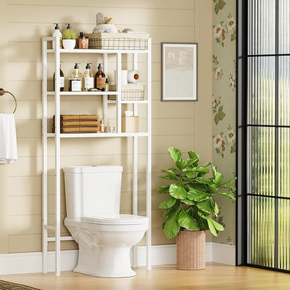 Over The Toilet Storage Rack, 3-Tier Bathroom Organizer Over Toilet, Wooden Above Toilet Storage Shelf, Space Saver, Freestanding BathroomStorage Metal Shelf, Easy to Assemble, White