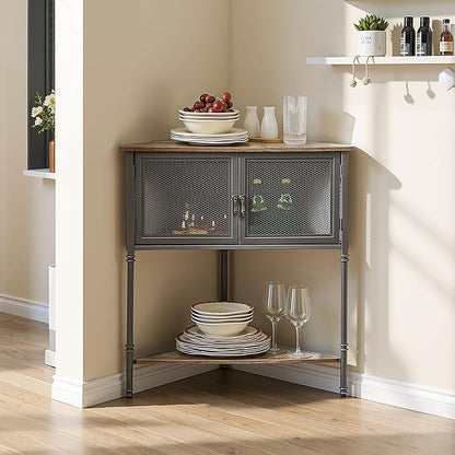VECELO 3 Tier Corner Shelf,Corner Table with Mesh Door and Open-Shelf,Corner Cabinet Stand,Metal Frame Organizer Display Storage Shelves for Bedroom,Living Room,Kitchen,Bathroom