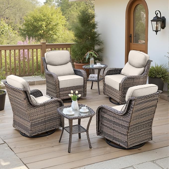 Belord Luxury 6" Thick Cushioned Outdoor Swivel Rocker Patio Chairs Set of 4 with Side Table, High Back Wicker Furniture Set with Ergonomic Zone Back, Conversation Set for Deck Porch - Grey+Beige