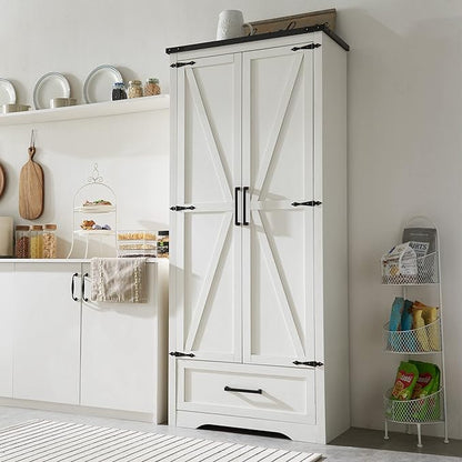 JXQTLINGMU Farmhouse Kitchen Pantry Cabinet - 72" Tall Wood Kitchen Storage Cabinets with Adjustable Shelves & 2 Barn Style Doors & Drawer, Versatile Storage for Dining Room, Bathroom, Antique White