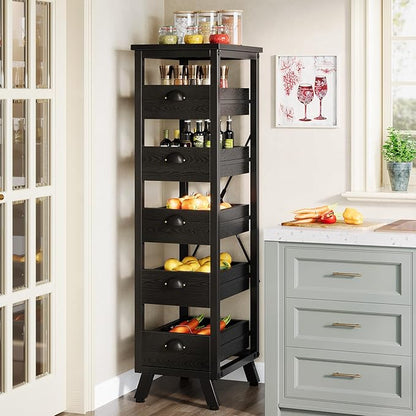 Tribesigns Black Wood Fruit and Vegetable Storage Rack, 5-Tier Narrow Snack Stand Kitchen Stand Fruit Basket, Pull-Out Utility Organizer for Kitchen, Living Room