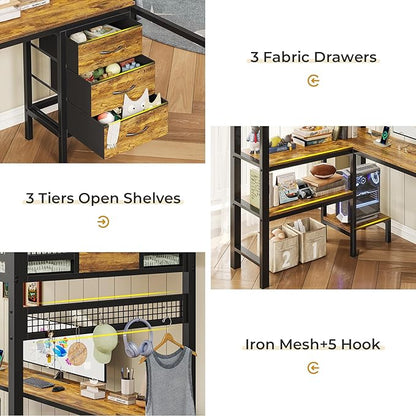 ADORNEVE Loft Bed Twin Size with L-Shaped Desk, LED Lights,Charging Station, Twin Metal Loft Bed Frame with Fabric Drawers & Shelve, 13.4" H Safety Guardrail, No Box Spring Needed, Rustic Brown