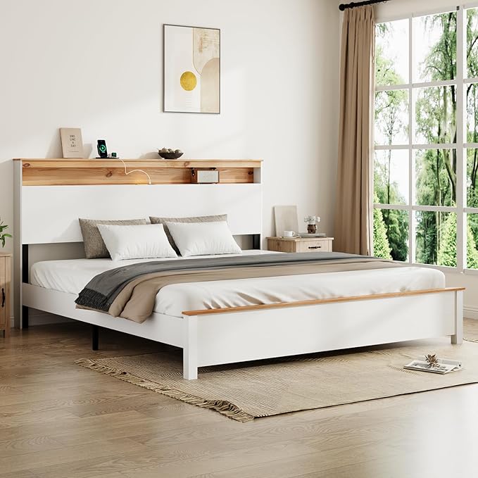 King Bed Frame, Wood Platform Bed Frame with Storage Headboard, Charging Station, Modern Bedframe King Size, 800lbs Capacity, Metal Slat Support, Noise-Free, No Box Spring Needed, White