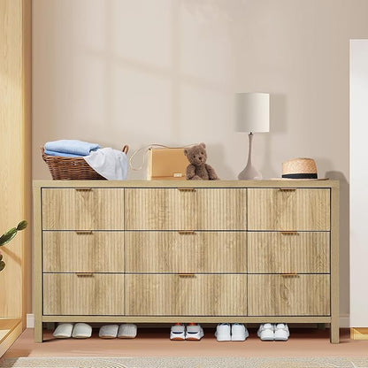 Fluted 9 Drawer TV Stand Dresser for Bedroom, Mid Century Modern Dresser with Drawers, Storage Organizer with 9 Drawers, Fluted Cabinet for Closet Cloth, Living Room, Entryway -Natural