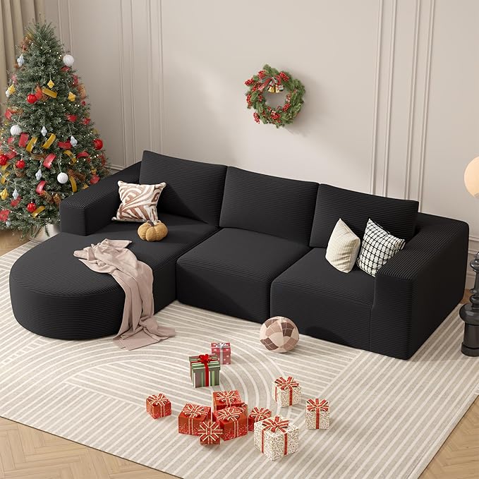 104”Sectional Couches for Living Room, Modular l Shaped Cloud Couch,Boneless Comfy Modern Sofa with Chaise, Deep Seat Convertible Sleeper Sofa Bed,No Assembly Required(Black-Corduroy Fabric) 1pcs
