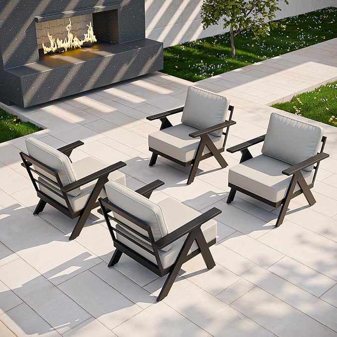 COOS BAY Iron Luxe Modern Outdoor Patio Chairs Set of 4, Lounge Accent Chairs for Backyard, Deck, Porch, Garden, Black/Beige