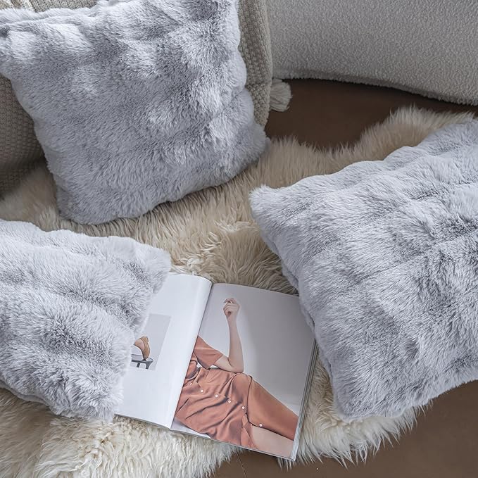 Neelvin Gray Faux Fur Cozy Soft Double-Sided Decorative Throw Pillow Covers 24x24 inch Set of 2,Velvet Pillowcase Cushion Case for Sofa Couch