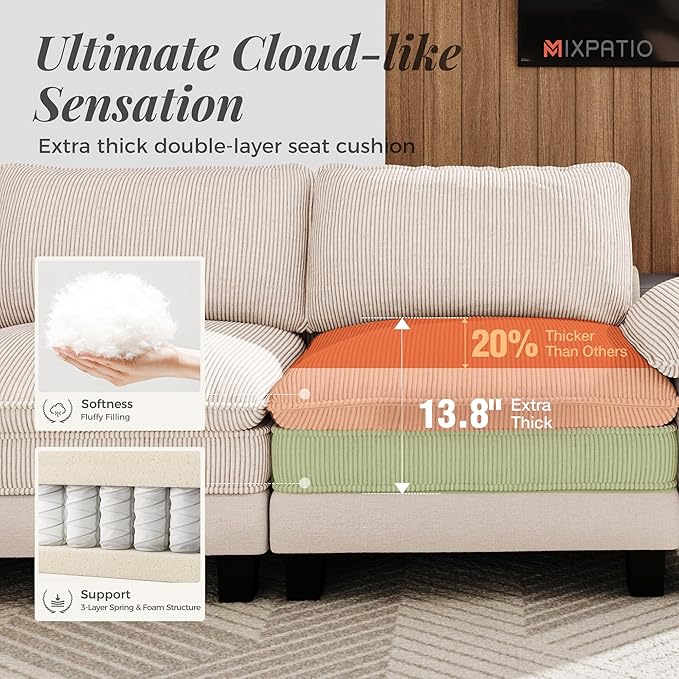 123-Inch L Shaped Sectional Sofa with Cloud Cushions, Deep Seat Modular Couch Set w/ 4 Seats & 1 Ottomans, Plush Chenille & Corduroy Upholstery for Living Room, Apartment - Beige