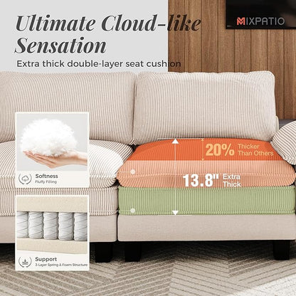 87-Inch L Shaped Sectional Sofa with Cloud Cushions, Deep Seat Modular Couch Set w/ 3 Seats & 1 Ottomans, Removable Arms, Chenille & Corduroy Upholstery for Living Room, Apartment - Beige