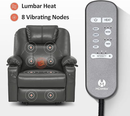 MCombo Extra Wide Power Lift Recliner Chair for Elderly, Lift Chair with Heat and Massage for Big People, USB&Type C Ports, Cup Holders, Faux Leather R7045 (Grey, Medium-Wide)