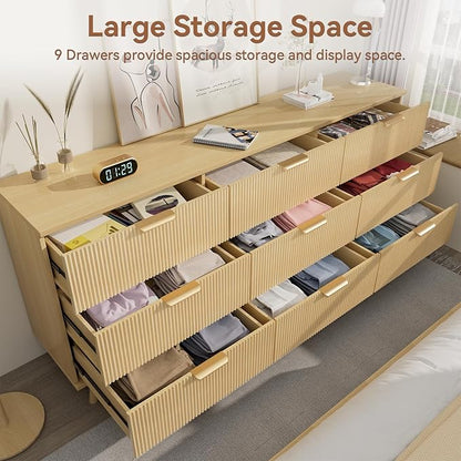 63" Long 9 Drawer Dresser for Bedroom, Modern Chest with Fluted Detailing, Light Wood Boho Dresser and TV Stand, Stylish Storage Organizer for Living Room, Hallway, or Closet, Light Wood