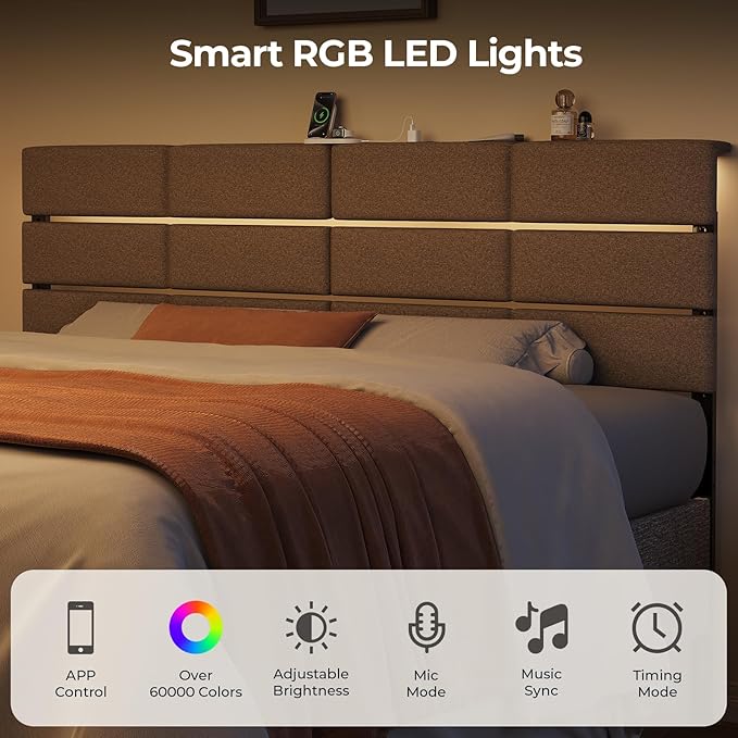 King/Cal King Size Upholstered Headboard, Adjustable Head Boards with LED Light & Charging Station, Bed Headboard Only, Attach Frame, Ideal for Bedroom, Dorm, Guest Room, Beige