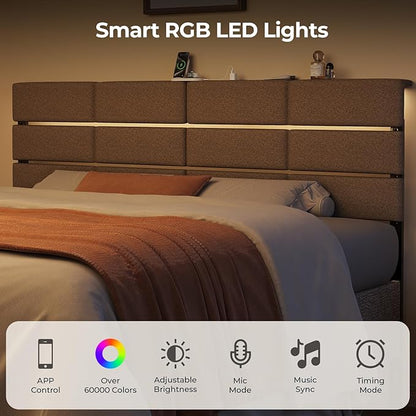 King/Cal King Size Upholstered Headboard, Adjustable Head Boards with LED Light & Charging Station, Bed Headboard Only, Attach Frame, Ideal for Bedroom, Dorm, Guest Room, Beige