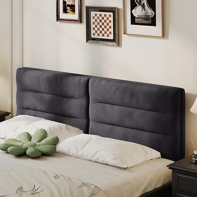 King Size Velvet Headboard Foldable Panels Backboard, Upholstered California King Head Board for Bedroom Adjustable Height from 42" to 56"-Grey