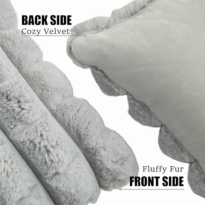 Neelvin Grey Faux Fur Cozy Soft Plaid Decorative Throw Pillow Covers 18x18 inch Set of 2,Velvet Pillowcase Cushion Case for Sofa Couch
