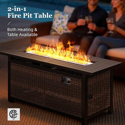 HERA'S HOUSE Red Patio Furniture Set, 8-Piece Outdoor Seating Conversation Sets with High Back Wicker Sofa, 4 x Swivel Chairs with 5.5" Thick Cushions, Fire Pit Table & Ottomans for Deck Yard Garden