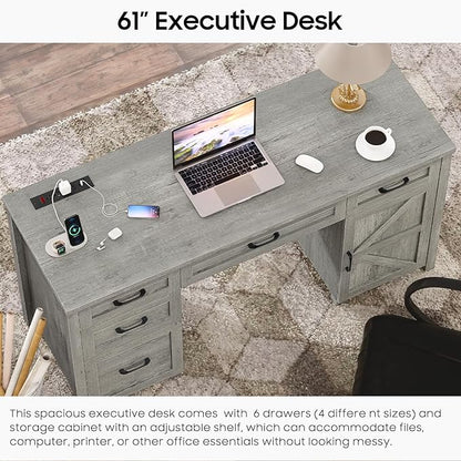 Farmhouse 61'' Executive Desk with 5 Drawers, Rustic Office Desk Computer Desk with Charging Station, File Drawers and Storage Cabinet, Wood Workstation for Home Office and Study, Gray