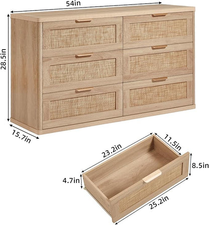 LEYAOYAO Rattan 6 Drawer Dresser for Bedroom, Boho 54" Wide Natural Wood Dresser Chest of Drawers, Dressers TV Stand with Metal Handle, Storage Dressers Closet Organizer for Living Room, Hallway
