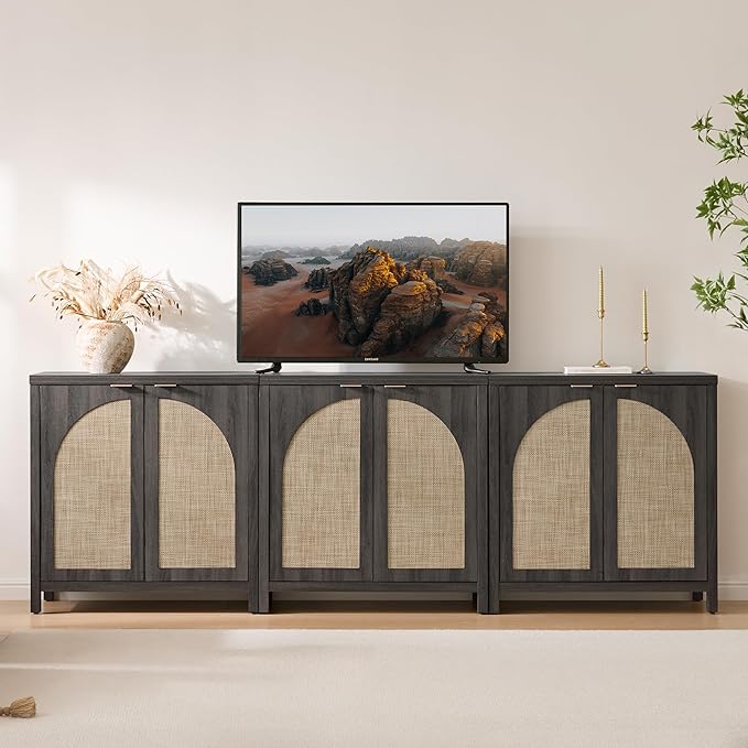 SICOTAS 68" W Rattan Sideboard Buffet Cabinet with Storage Set of 2, Modern Credenza with Arch Doors & Shelves, Boho Coffee Bar Media Console Cabinets for Kitchen, Living Room, Entryway, Black Oak