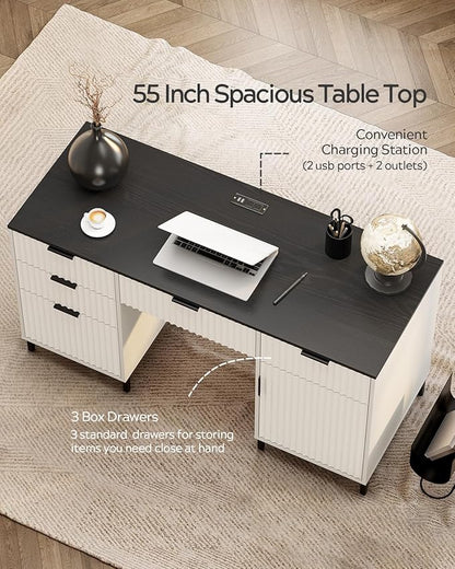 55" Fluted Executive Desk, Modern Wood Home Office Desk with Charging Station, Keyboard Tray, File Drawer, Storage Cabinet for Work Study Writing Desk, White and Black