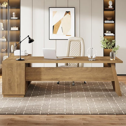 Tribesigns Modern L-Shaped Executive Desk, 78.7" L x 31.5" W x 29.5" H, Brown, 3 Drawers, 2 Shelves, Scratch Resistant, Home Office Desk