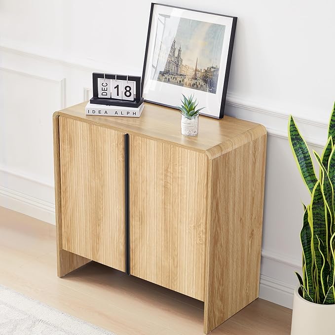 BERRYMERRY 2 Door Fluted Sideboard Buffet Cabinet with Storage, Modern Wood Cabinet with Adjustable Shelves for Living Room, Dining Room (Light Wood 4 Doors)
