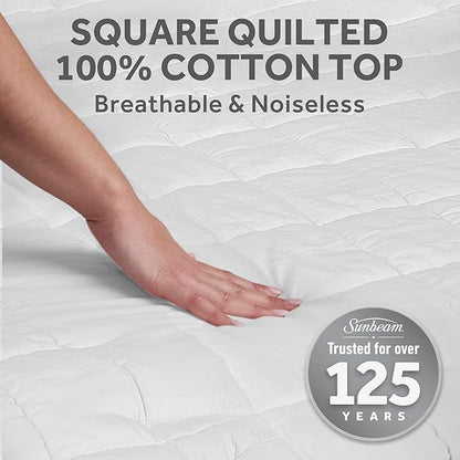 Sunbeam Premium Quilted Electric Heated Mattress Pad, 60" x 80", 12 Heat Settings, 12-Hour Auto Shut-Off, Machine Washable, Extra-Soft, White