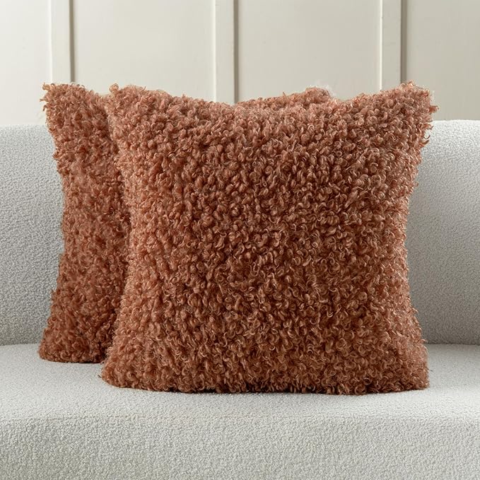 FUTEI Rust Decorative Throw Pillow Covers 16x16 Inch Set of 2,Soft Fluffy Faux Wool Fur Boucle Textured Cushion Case,Modern Home Decor for Couch Bed Living Room Office