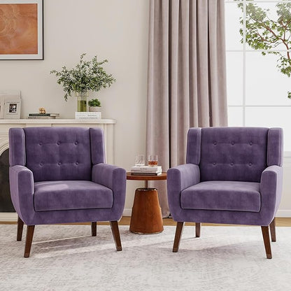 Lumibee Accent Chairs Set of 2, Velevet Fabric Armchairs for Living Room, Comfy Upholstered Arm Chairs Tufted for Indoor Bedroom Office Room (Purple Velvet)