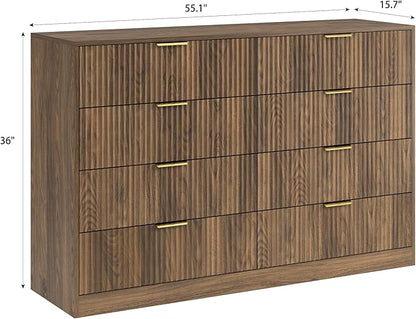 3-Piece Modern Bedroom Furniture Set, Wide 8-Drawer Dresser & 1-Drawer Nightstands Set of 2, Natural Wood Dresser and Nightstand Sets for Bedroom, Hallway, Walnut