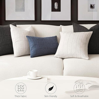 Foindtower Set of 2 Decorative Linen Check Throw Pillow Covers Neutral Farmhouse Vintage Cushion Covers Modern Boho Home Decor for Sofa Chair Couch Bedroom Living Room,20×20 Inch,Cream White