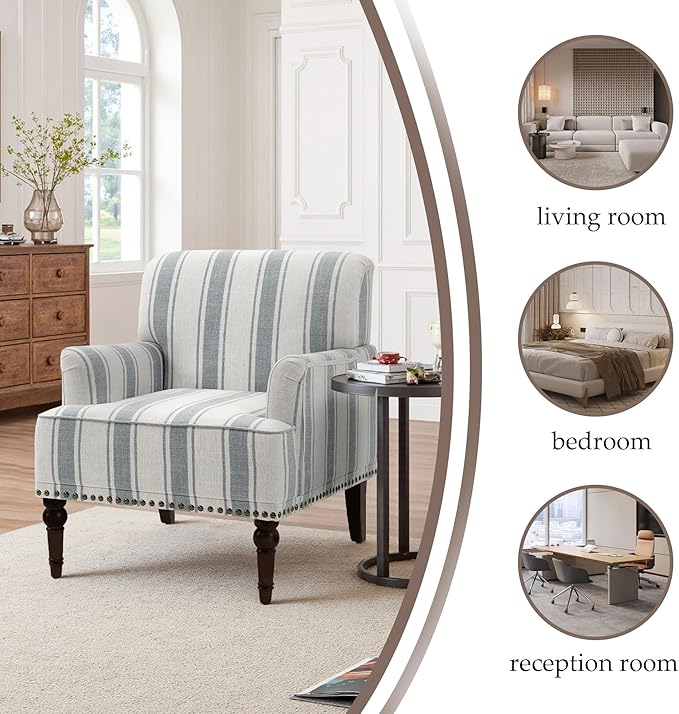 Pia Ricco Stripe Accent Chairs 2 Pack - Modern Nailhead Trim Armchairs with Wood Legs, Comfy Living Room Bedroom Home Office Seating-Light Blue