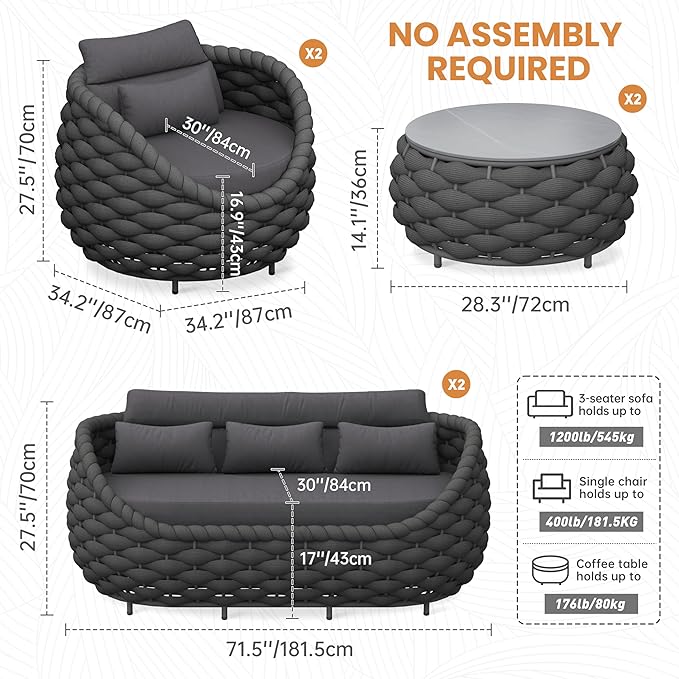 Lanai Outdoor Furniture Set: 6-Piece Aluminum Woven Rope Patio Conversation Set - Modern Cushions Sofa Set Assembled - Porch Seating Couch Set for Deck Yard Garden Pool Hotel Resort, Dark Grey