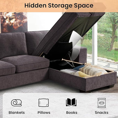 RISAR 100" L-Shaped Sofa with Chaise and Built-in Storage for Living Room, Couch with Chenille Fabric, Removable Cushion Covers & USB Type-C Ports (Dark Gray)