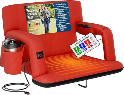 Alpcour Heated Reclining Stadium Seat for Bleachers – Wide Bleacher Chair with Back Support and Cushion, Armrests, Side Pockets, & Hook – Stadium Seats Chairs for Camping, Kayak, Paddle Board & More