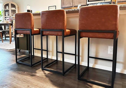ALPHA HOME 24 Inch Bar Stools Set of 2, Kitchen Counter Stools with Backs, PU Leather Barstools, Kitchen Stools with Back&Upholstered Footrest, Sturdy Chromed Metal Steel Frame, Brown