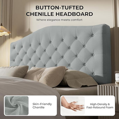 Upholstered Headboard Queen Size with 4" Thickened High-Density Sponge, Modern Button-Tufted Queen Headboard Only, Luxury Chenille Fabric, Adjustable Height, Easy Assembly, Grey