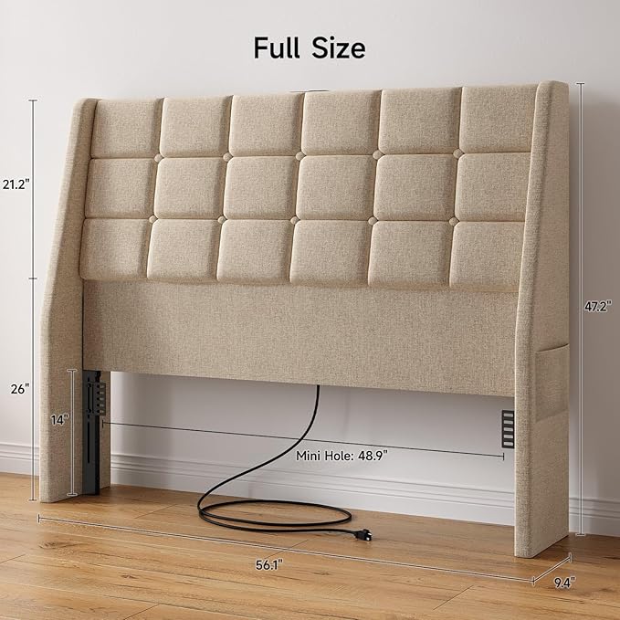 Ergonomic Upholstered Full Size Headboard w/Charging Station, Linen Wingback Headboards w/Storage Pocket, Full Headboard Only, Bed Frame Adapters, Sturdy Solid Wood Bed Head Board, Beige