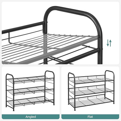 SONGMICS Shoe Rack, 3 Tier Shoe Organizer for Closet, Holds up to 12 Pairs of Shoes, Shoe Rack for Front Door Entrance, Metal Shoe Shelf with Adjustable Tilt Angle, for Entryway, Garage, Black
