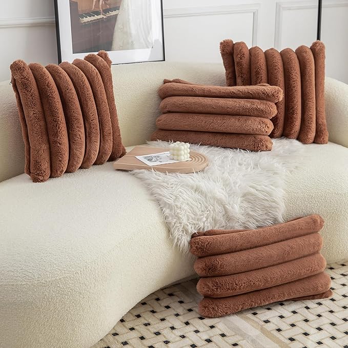 Neelvin Brown Faux Fur Cozy Soft Stripe Decorative Throw Pillow Covers 18x18 inch Set of 2,Velvet Pillowcase Cushion Case for Sofa Couch