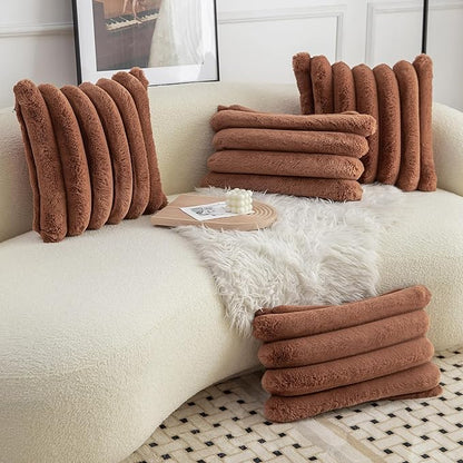 Neelvin Brown Faux Fur Cozy Soft Stripe Decorative Throw Pillow Covers 20x20 inch Set of 2,Velvet Pillowcase Cushion Case for Sofa Couch